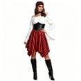 thumbnail image 3 of Fortwear Women Pirate Costume 4-Piece Set, Off Shoulder Bell Sleeve Top, Striped Irregular Skirt, Corset Waistband & Headband, Halloween Cosplay Outfit, 3 of 9