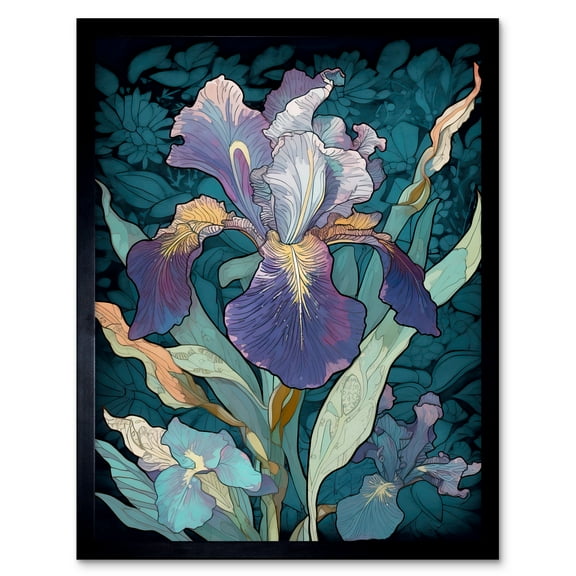 A Single Iris Flower Bloom Purple Teal and Yellow Art Print Framed Poster Wall Decor 12x16 inch