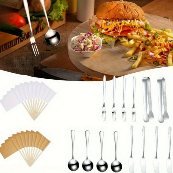 Stainless Steel Charcuterie Set - Cheese & Butter Spreader Knives with Mini Tongs, Spoons, Forks for Appetizers, Charcuterie Board Utensils (Silver)