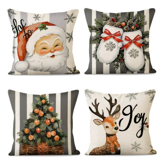 Qoosea Christmas Pillow Covers 18x18 inch Set of 4 Santa Claus Reindeer Decorative vintage Throw Pillow Covers Winter retro Farmhouse Decoration for Home couch