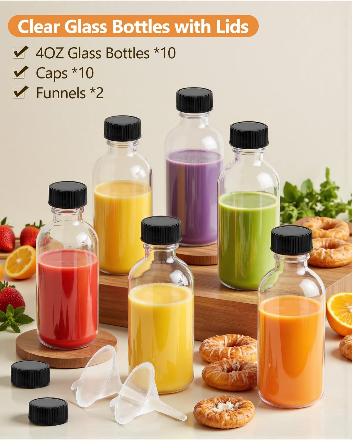 Neighborly Nook 4OZ Small Glass Bottles with Lids and Funnels, 120ml Boston Round Glass Bottles, Leak Proof Mini Travel Bottle, Perfect for Diy Essential Oils, Hot Sauce and Juices, 10 Pack Clear