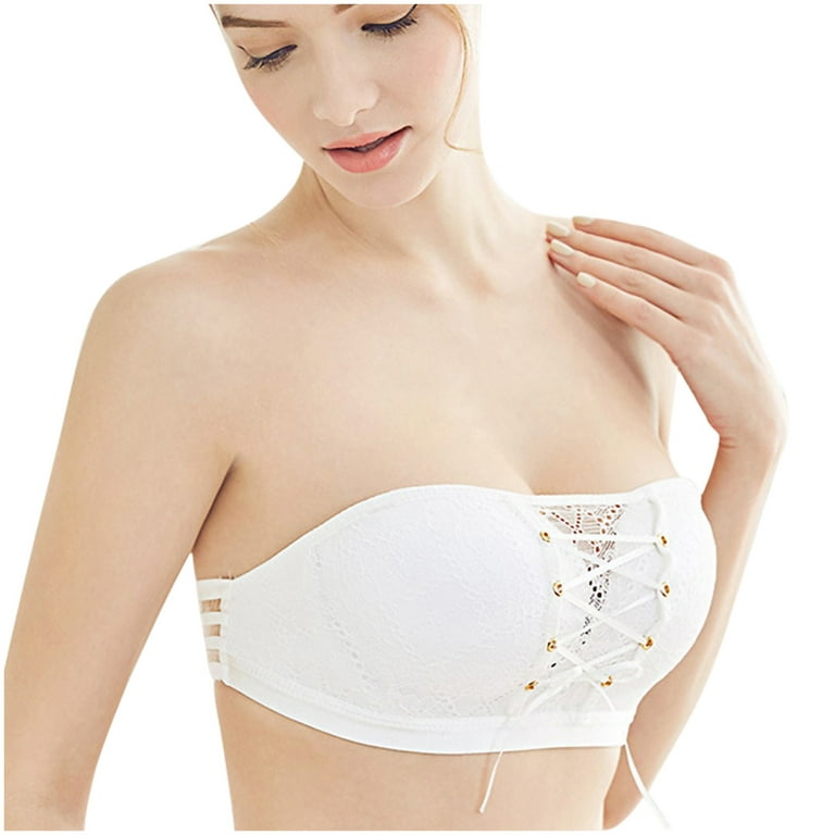 HWRETIE Womens Bras Large Size Push Up One PC Bra Everyday Underwear  Strapless Lace Drawstring Bandeau White 90A 