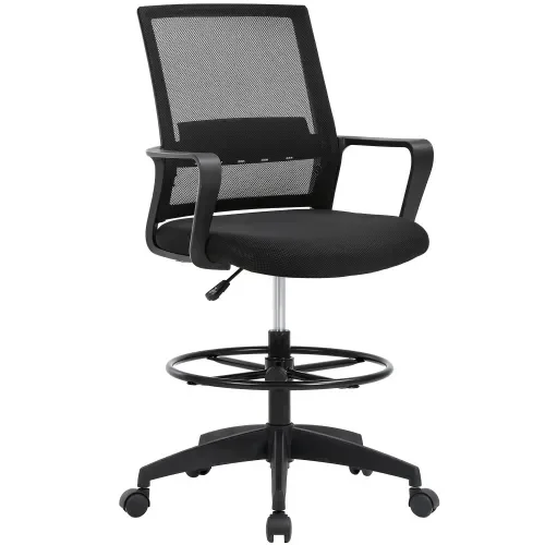 Drafting Chair, Tall Office Chair with Armrests, Executive Ergonomic Computer Standing Desk Chair with Lumbar Support and Adjustable Footrest Ring, Black
