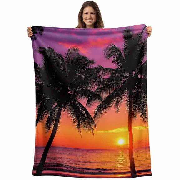 Flannel Fleece Throw Blanket Beach Sunset Summer Coconut Tree Lightweight Soft Plush Blankets,Tropical Plant Shadow Cozy Warm Throw Blanket for Couch Sofa Bed Car Office All Season Use 40x50in