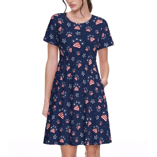 Easygdp Star Dog Paw para Vestido Transpirable de Mujer, Vestido Suelto de Manga Corta con Pliegues y Bolsillos para el Verano