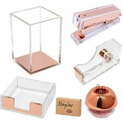Clear Rose Gold Acrylic Office Supplies Desk Organizer Set Tape Dispenser, Stapler, Sticky Notes Tray, Magnetic Paper