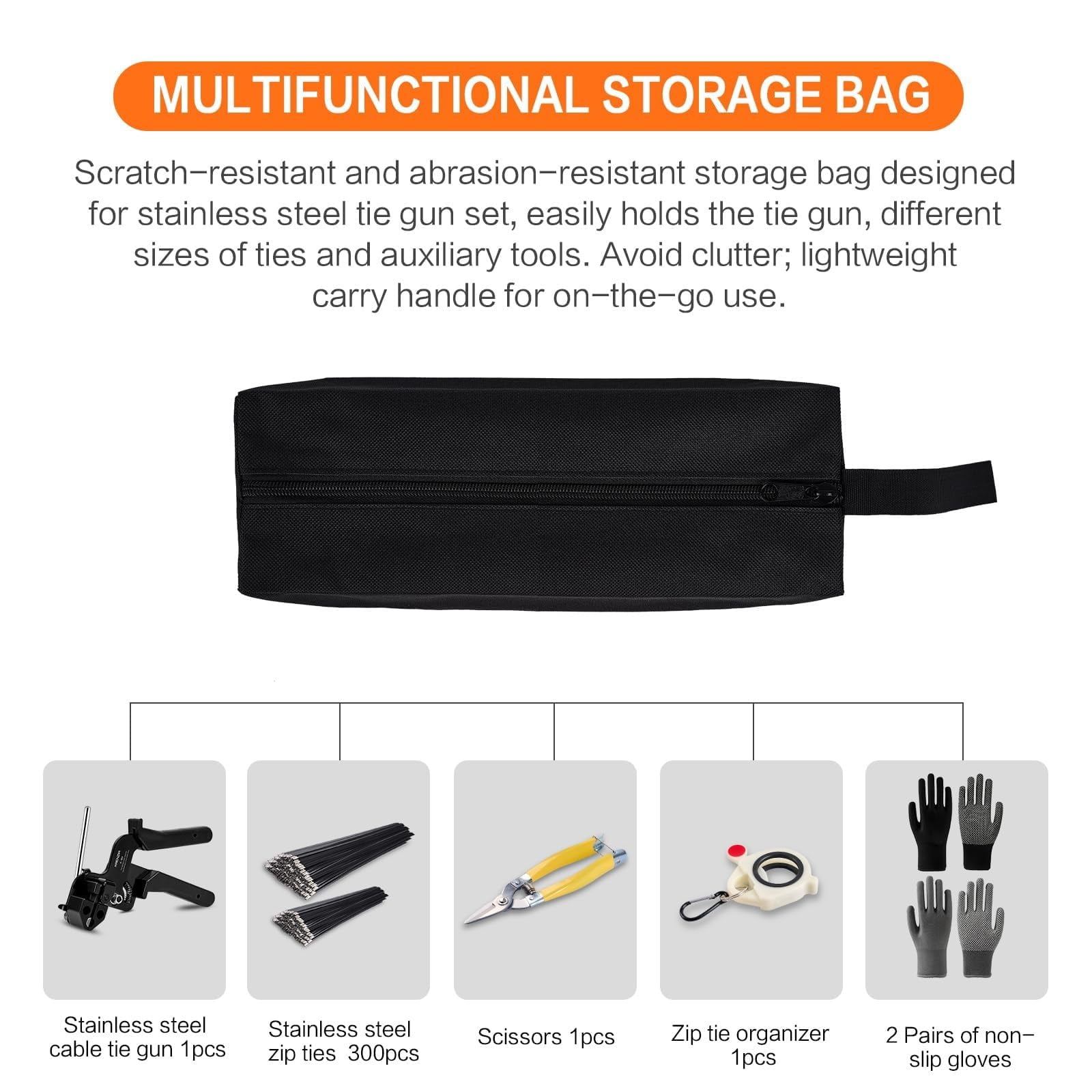 Stainless Steel Cable Tie Gun Kit, Heavy Duty 304 Metal Zip Ties with Self-Locking, Tension Tool for Fencing, Auto, Garden, Outdoor Use