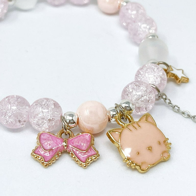 Wrapables Friendship Beaded Enamel Charm Bracelet, Pink Bow Kitty Crystal  Beads 