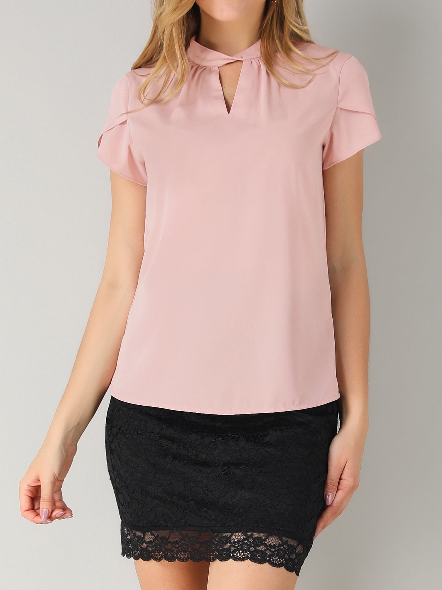 Unique Bargains Junior's Elegant Tulip Sleeve Choker Neck Keyhole Back Blouse