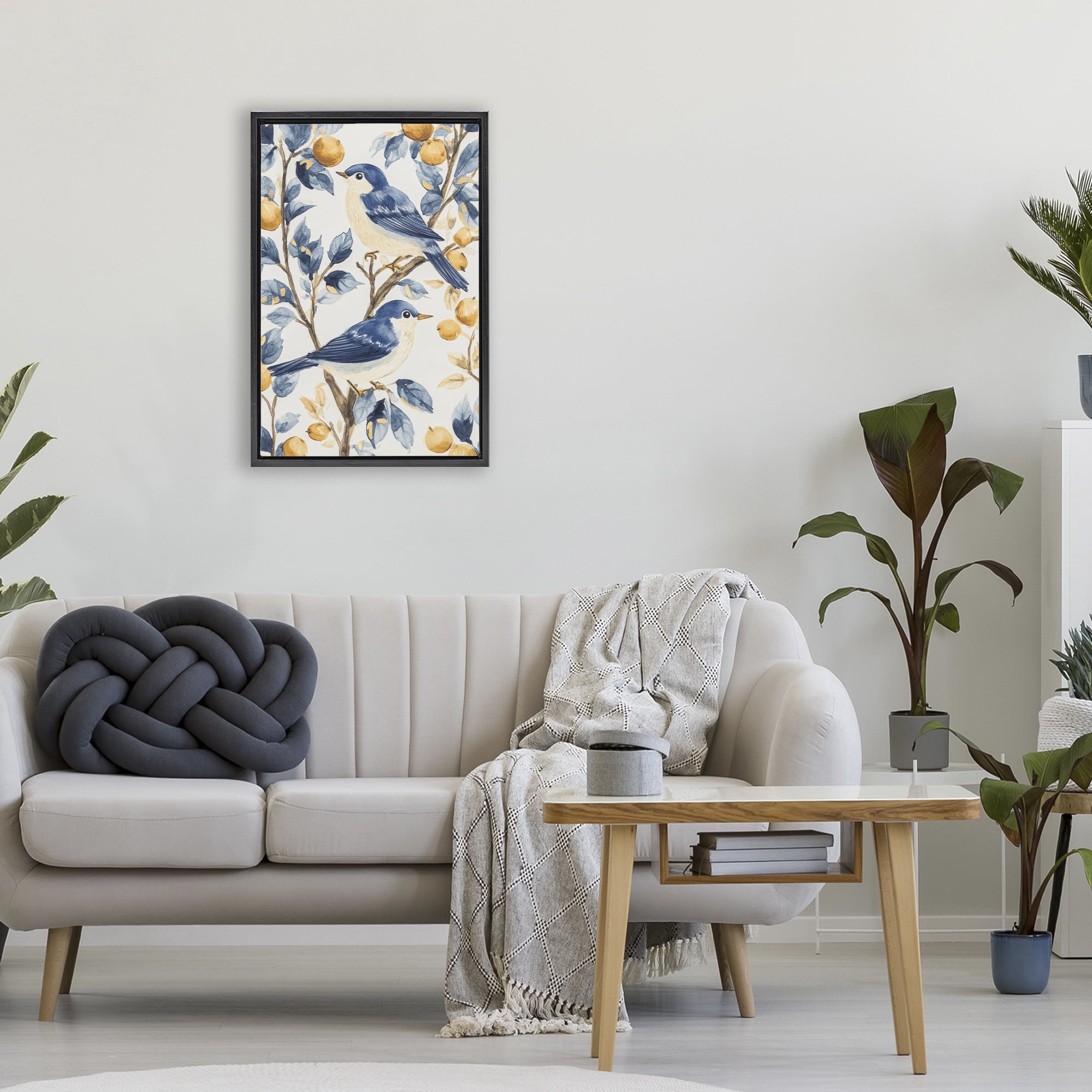 Stupell Industries Sweet Blue Birds on Lemon Branch Black Framed Floater Canvas Wall Art, design by Petal Prints Design