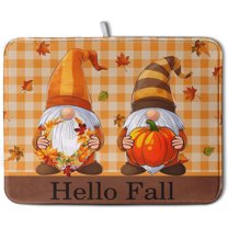 Hello Fall Autumn Gnomes Dish Drying Mat 18x24 Thanksgiving Pumpkin Maple Leaves Harvest Kitchen Drying Mat Orange White Buffalo Plaid Dish Drainer Mat Ultra Absorbent Dish Rack Pad for Coffee Bar