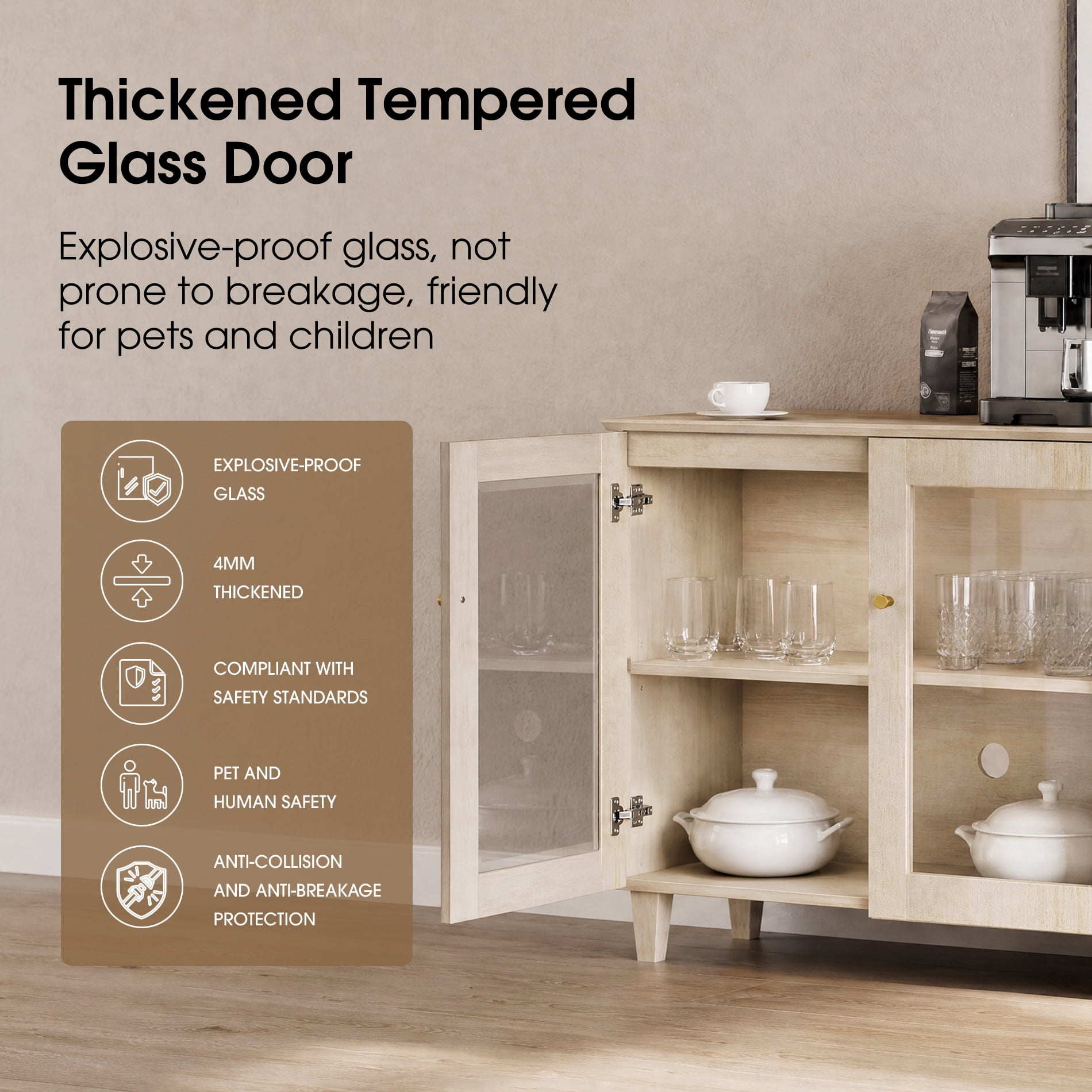 Large Bedroom Nightstands with Glass Doors - Set of 2, Bedside Table with Adjustable Shelf and Cable Management, White Oak
