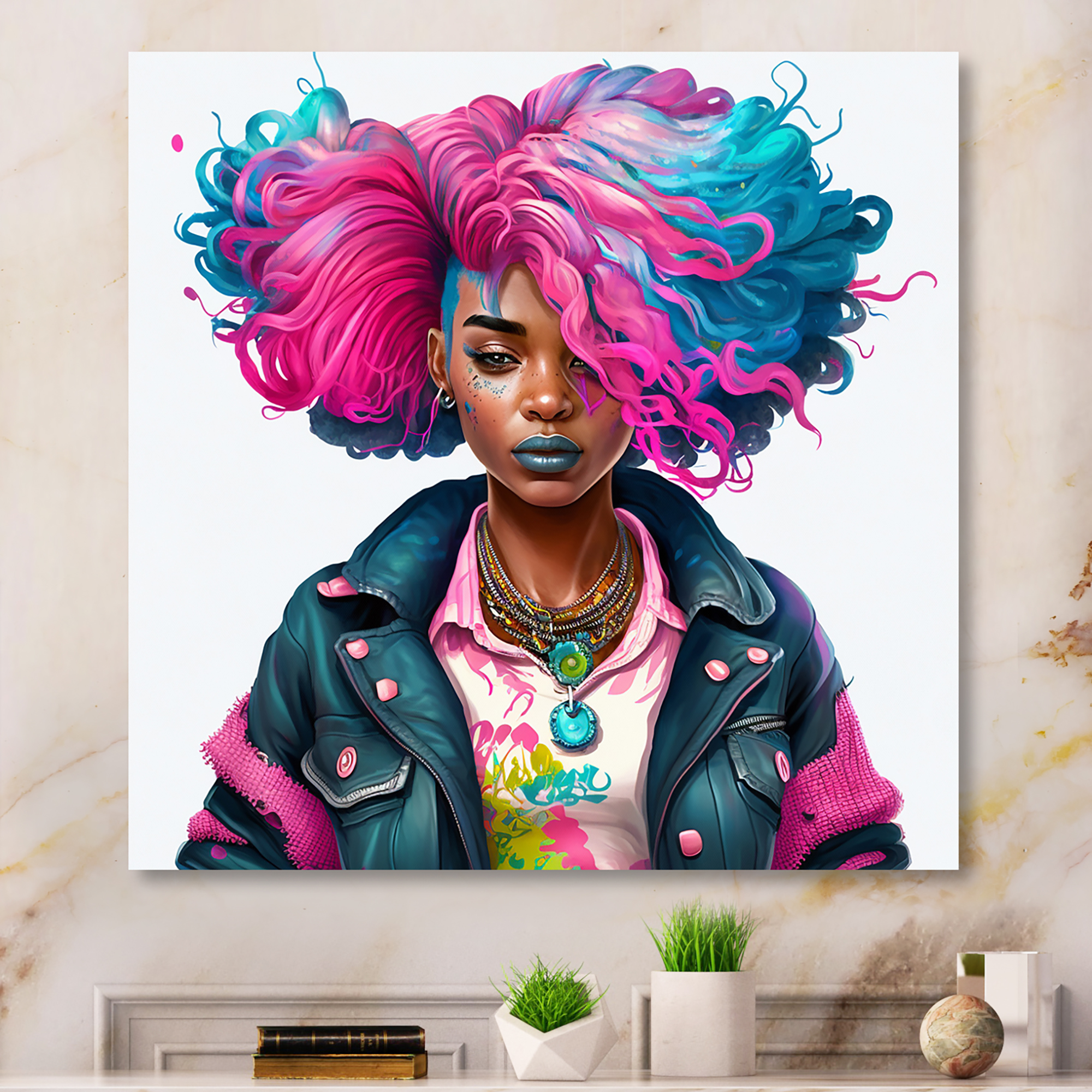 Designart Pink And Blue African American Woman IV Canvas Wall Art