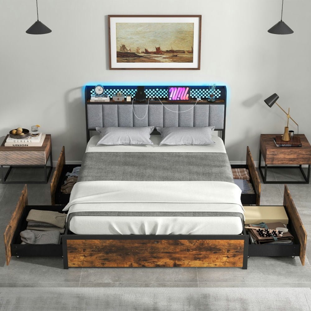 Yardi Yard Twin/Full/Queen Bed Frame with LED Lights Upholstered Headboard and 4 Storage Drawers-Full Size, Bed Frame