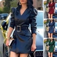 thumbnail image 2 of Spring Women Dress V Neck Belted Waist Smooth Faux Leather Long Bubble Sleeves Solid Color Commuting Shopping Office Mini Dress, 2 of 7