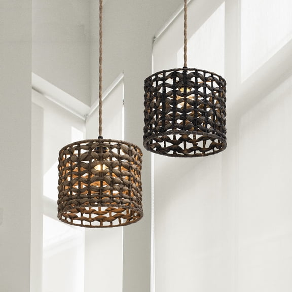 Farmhouse Living Room decor Hanging Light Fixture, Black Woven Pendant Light Shade with Vintage Boho Styling, Works As Kitchen Lighting Over Sink, Dining Room Ceiling Accent, Or