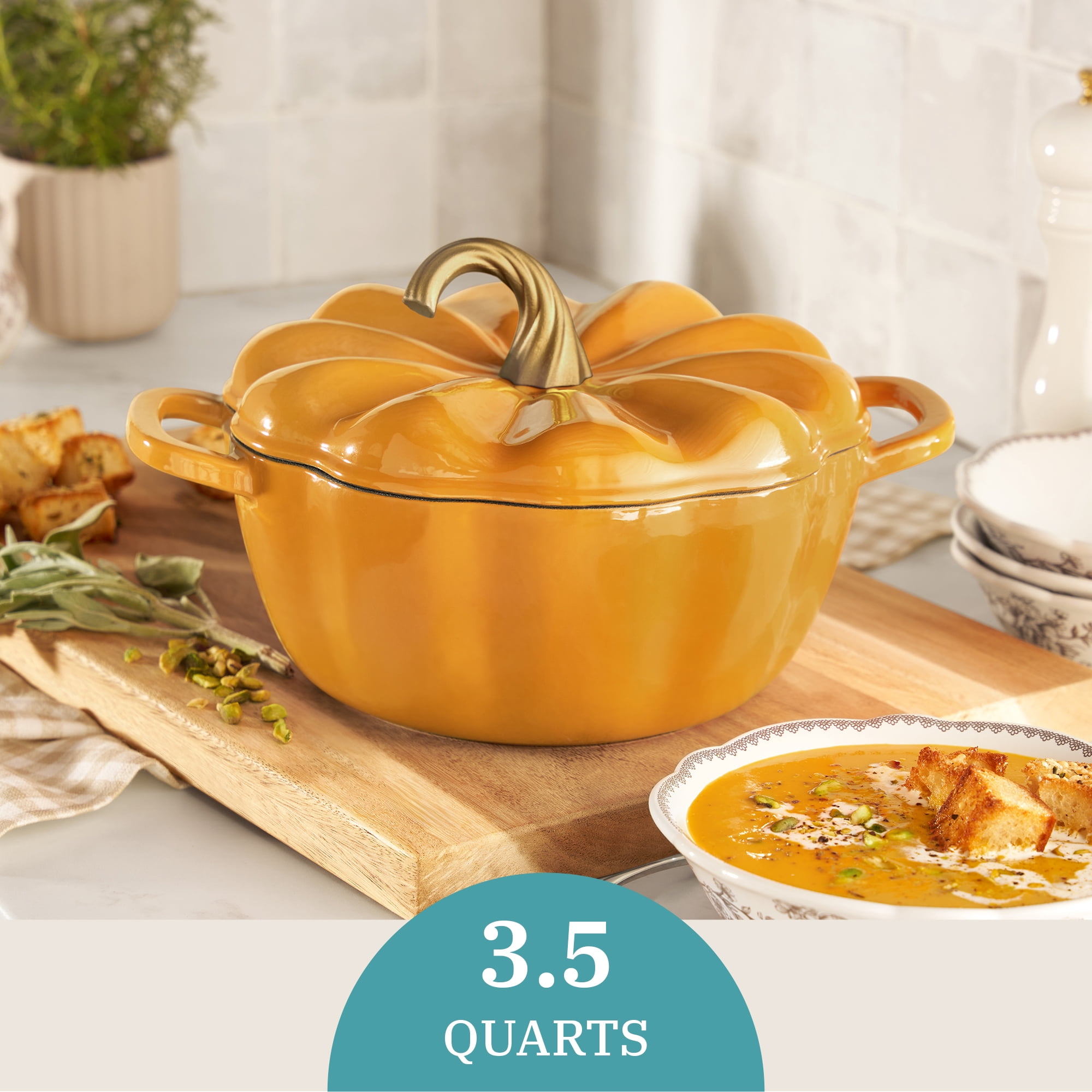 The Pioneer Woman 3.5-Quart Pumpkin Enameled Cast Iron Dutch Oven, Ochre