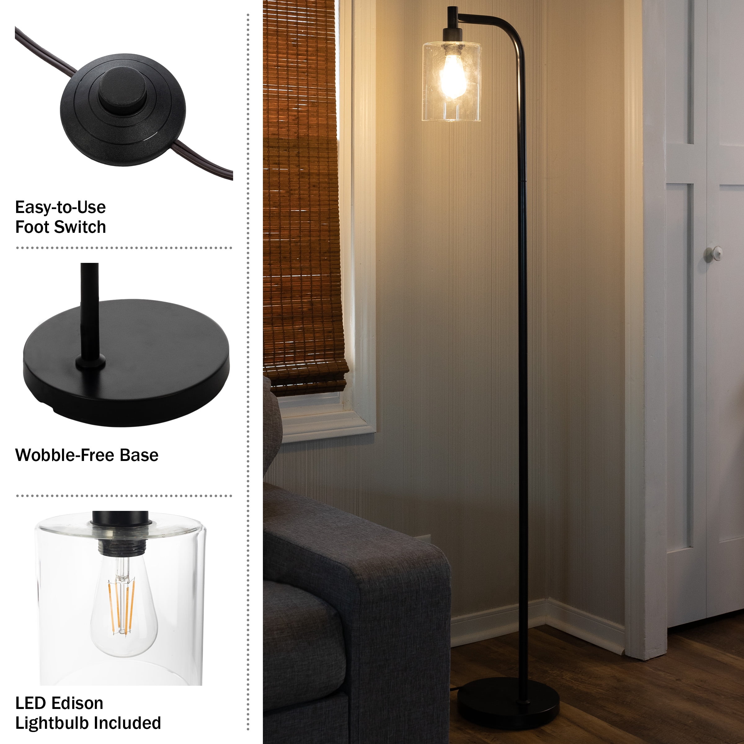 Lavish Home 65-inch Modern Floor Lamp with Glass Shade and LED Edison Bulb (Black)