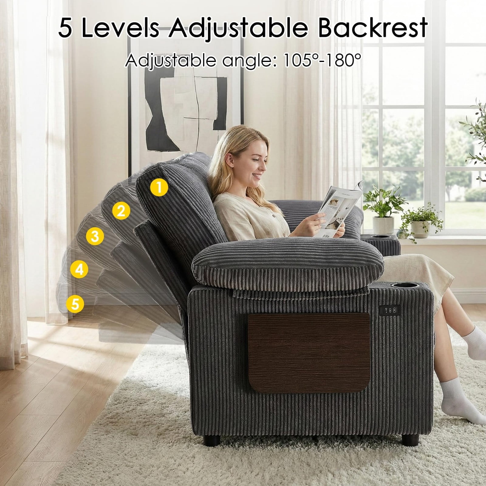 58" Sleeper Sofa Bed, Convertible Pull Out Couch Full Size Loveseat with Corduroy Fabric, USB Charging, Adjustable Backrest for Living Room Apartment Office, Dark Gray