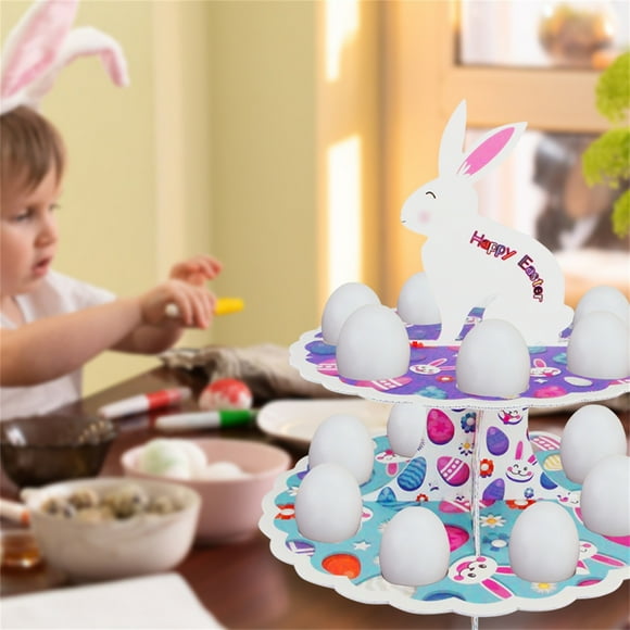 TopLLC Easter Cupcake Stand 2 Tier Happy Easter Bunny Flower Dessert Tray Family Holiday Party Cupcake Stand on Clearance