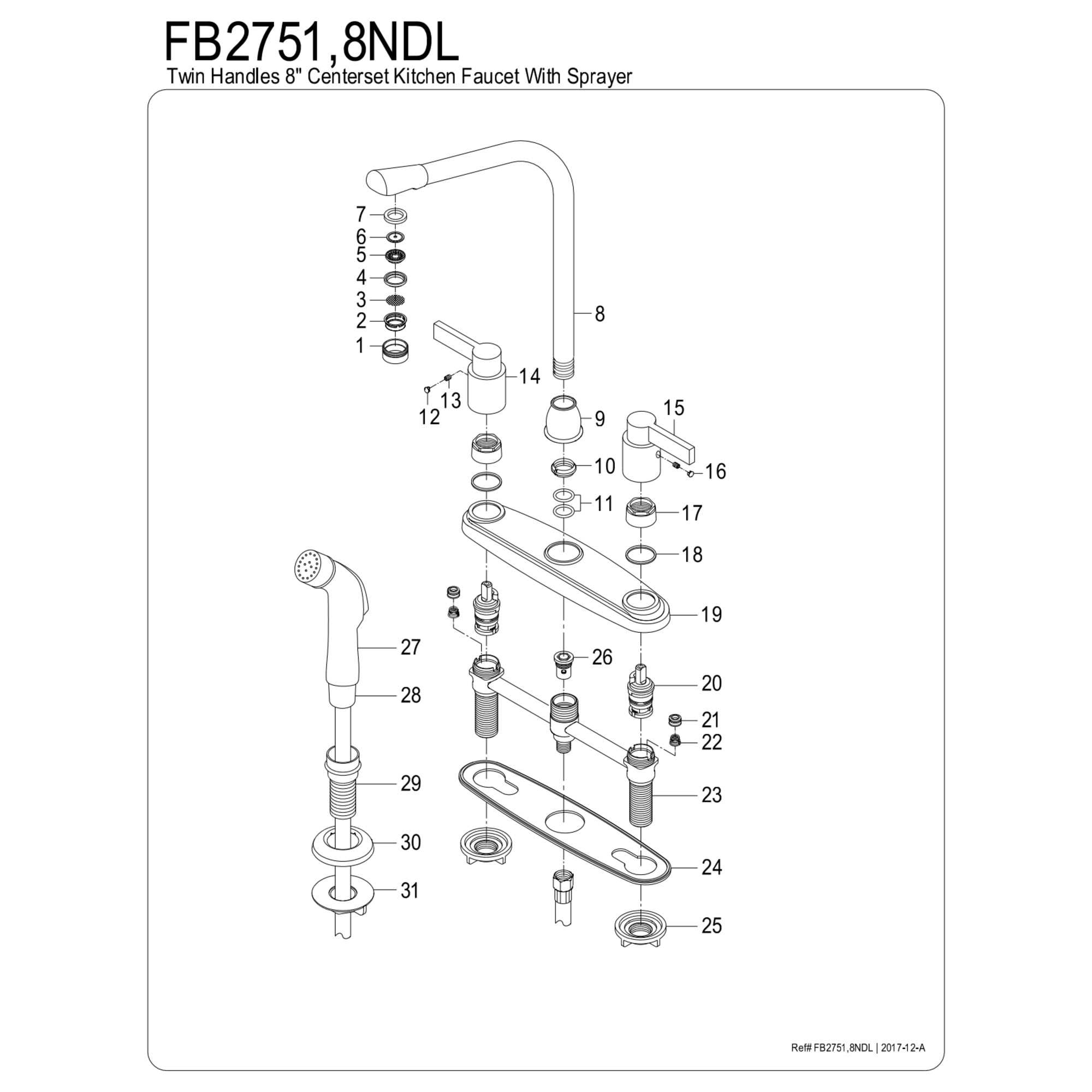 Kingston FB2751NDL NuvoFusion Two-Handle 4-Hole 8" Centerset Kitchen Faucet with Side Sprayer in Polished Chrome