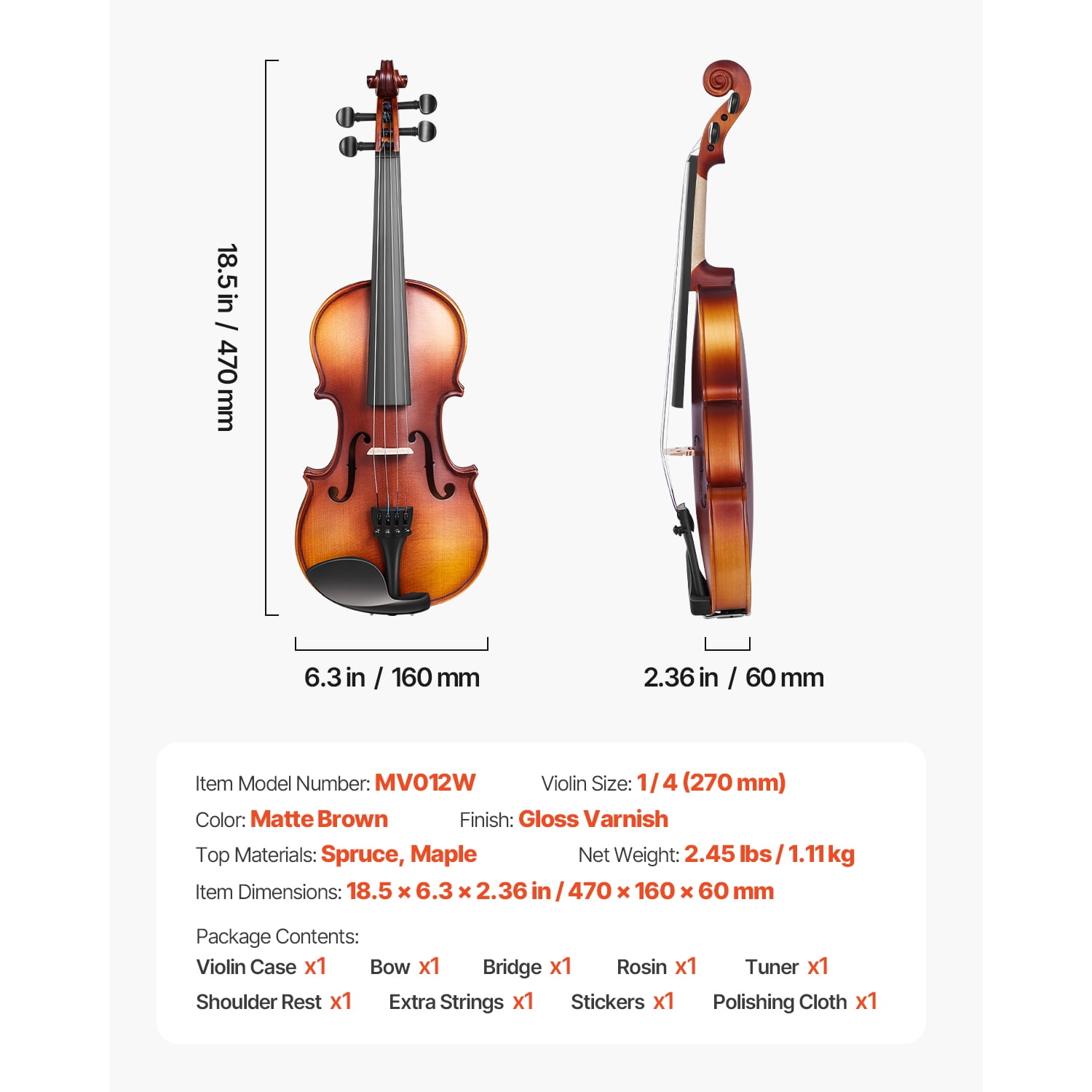 KFFKFF Quarter-Size Violin Set for Adults and Beginners, Includes Case, Rosin, Bow, Shoulder Rest, Bridge, Tuner, and Spare Strings, Crafted from Solid Wood (Brown)