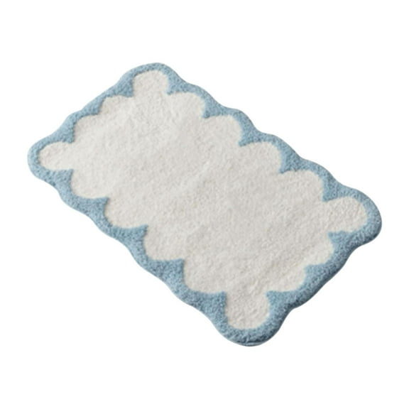 BMYJ Microfiber Bathroom Rugs White Rug with Blue Scalloped Piping Cute Mat for Bathroom, Tub, Floor Carpet, Sink, Shower, Anti Slip, Absorbent