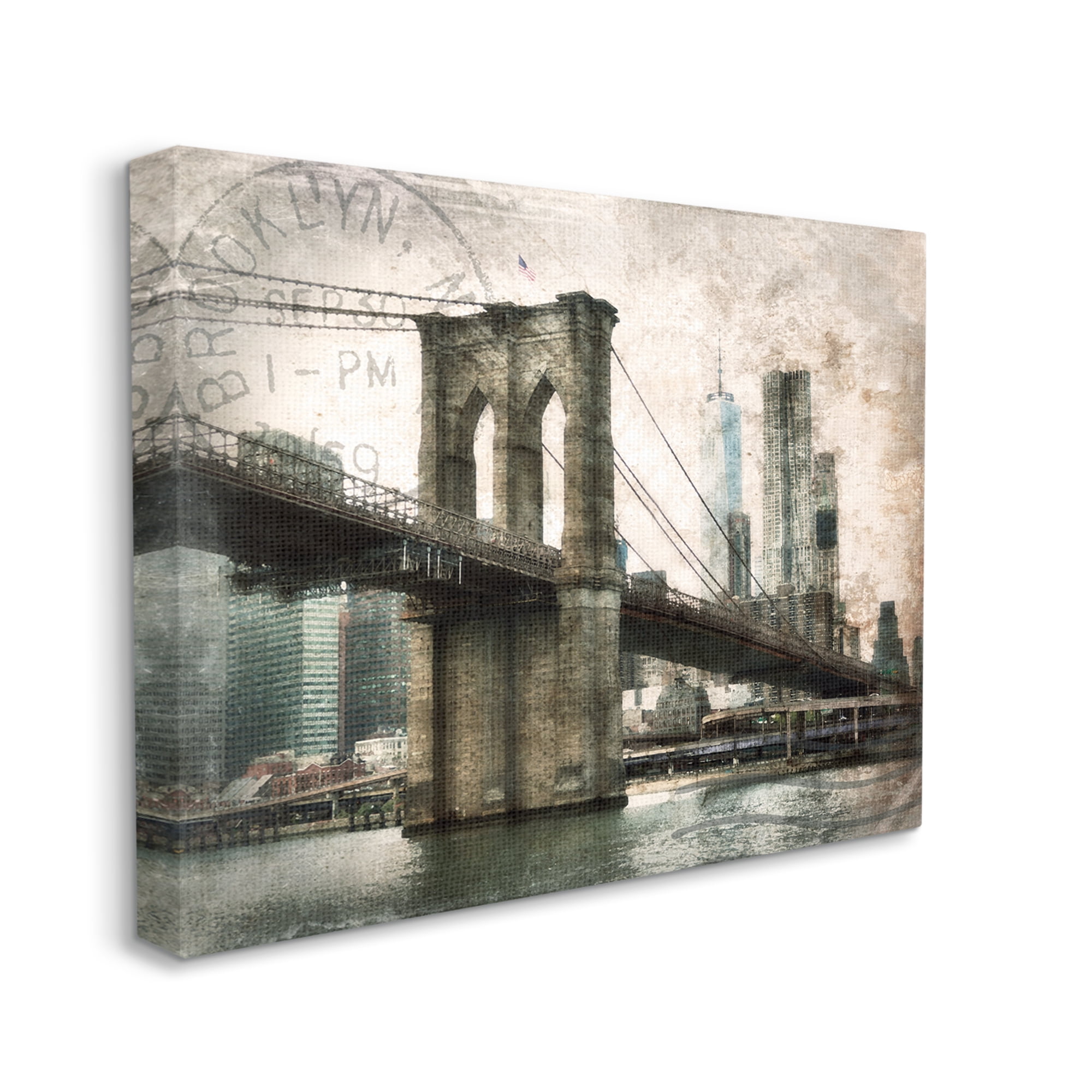 Stupell Industries Vintage Brooklyn Bridge Abstract Painting Gallery Wrapped Canvas Art Print Wall Art, 30 x 24