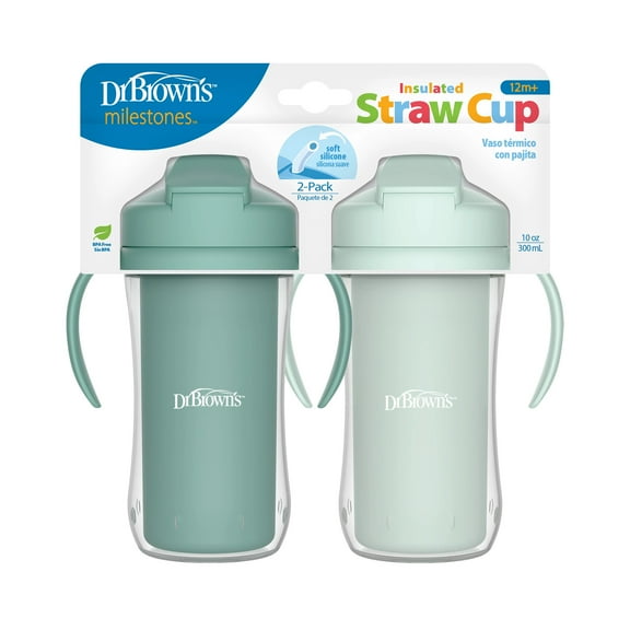 Dr. Brown's Milestones Insulated Sippy Cup with Straw and Handles, Green, 10oz, 12m , 2-Pack