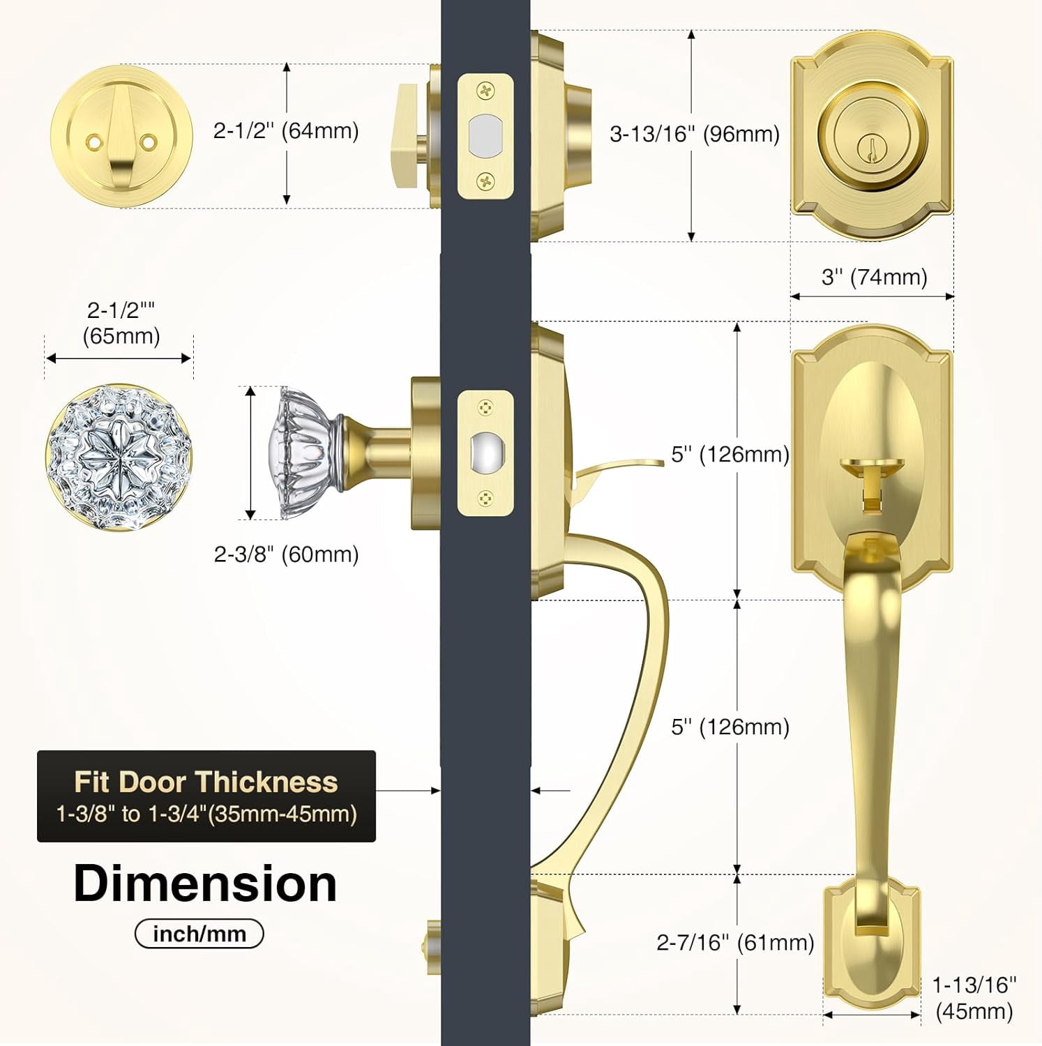 Vintage Front Door Handle and Deadbolt Set, Gold Front Door Lock Set with Crystal Glass Door Knob, Entry Door Lock Set with Single Cylinder, Reversible for Right & Left