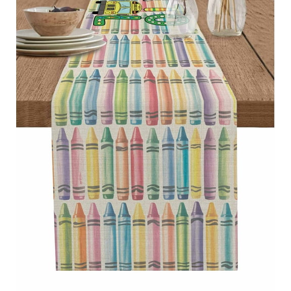 Table Runner Dresser Scarves 70 Inch Long,Back to School Bus Crayon Linen Dining Table Runners Leopard Plaid Stripe Texture Linen Tabletop Scarf for Wedding Holiday Party Kitchen