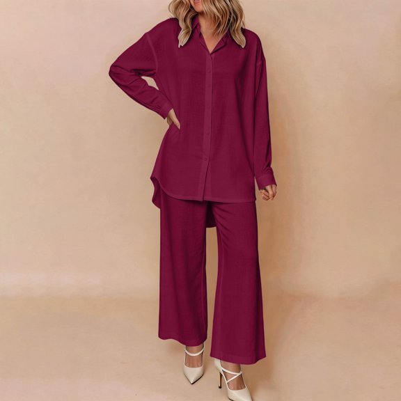 Cagogo Women's 2 Piece Long Sleeve Shirt Wide Leg Pants Set Casual Lounge Outfits Solid Collared Top Matching Lounge Set Airport Travel Clothes, Wine 2XL