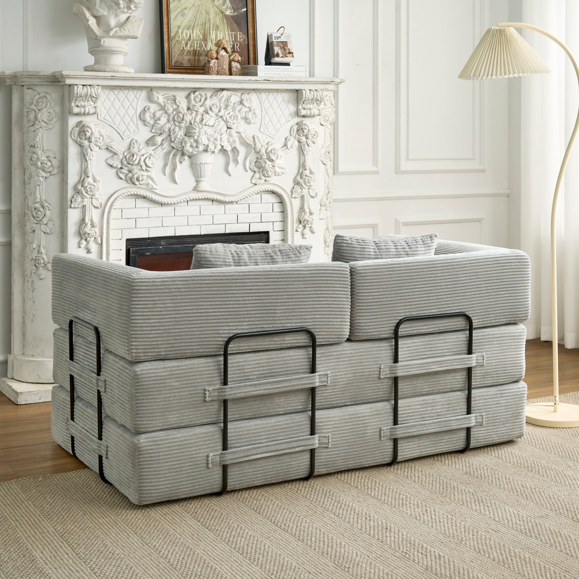 BSHTI 59" Corduroy Convertible Sleeper Sofa Bed with Cylindrical Pillow, No Assembly, Small Space for Living Room（Light Gray）