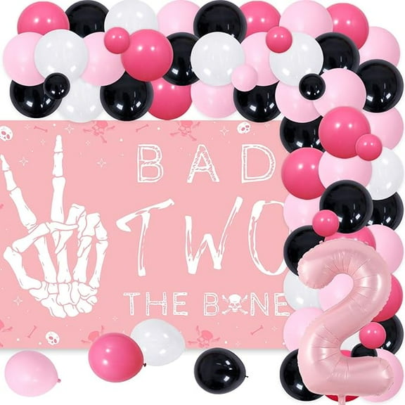 78Pcs Bad Two the Bone 2nd Birthday Party Decorations for Girls Pink Balloon Garland Arch Kit with Skull Bone Backdrop, Rock N Roll Music Theme 90s Second Birthday Party Decor