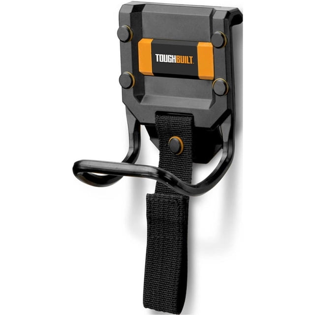 soporte sujetador para martillo bolsillo cinturon toughbuilt. Soporte negro frontal con bucle de acero curvado y correa de nylon con cierre a presión, placa posterior con logo ToughBuilt en naranja/negro y cuatro remaches; dimensiones aprox 8 x 8 x 10 cm, modelo TB-52, acero y ABS; ideal para sujetar martillos o linternas en cinturón o bolsillo.