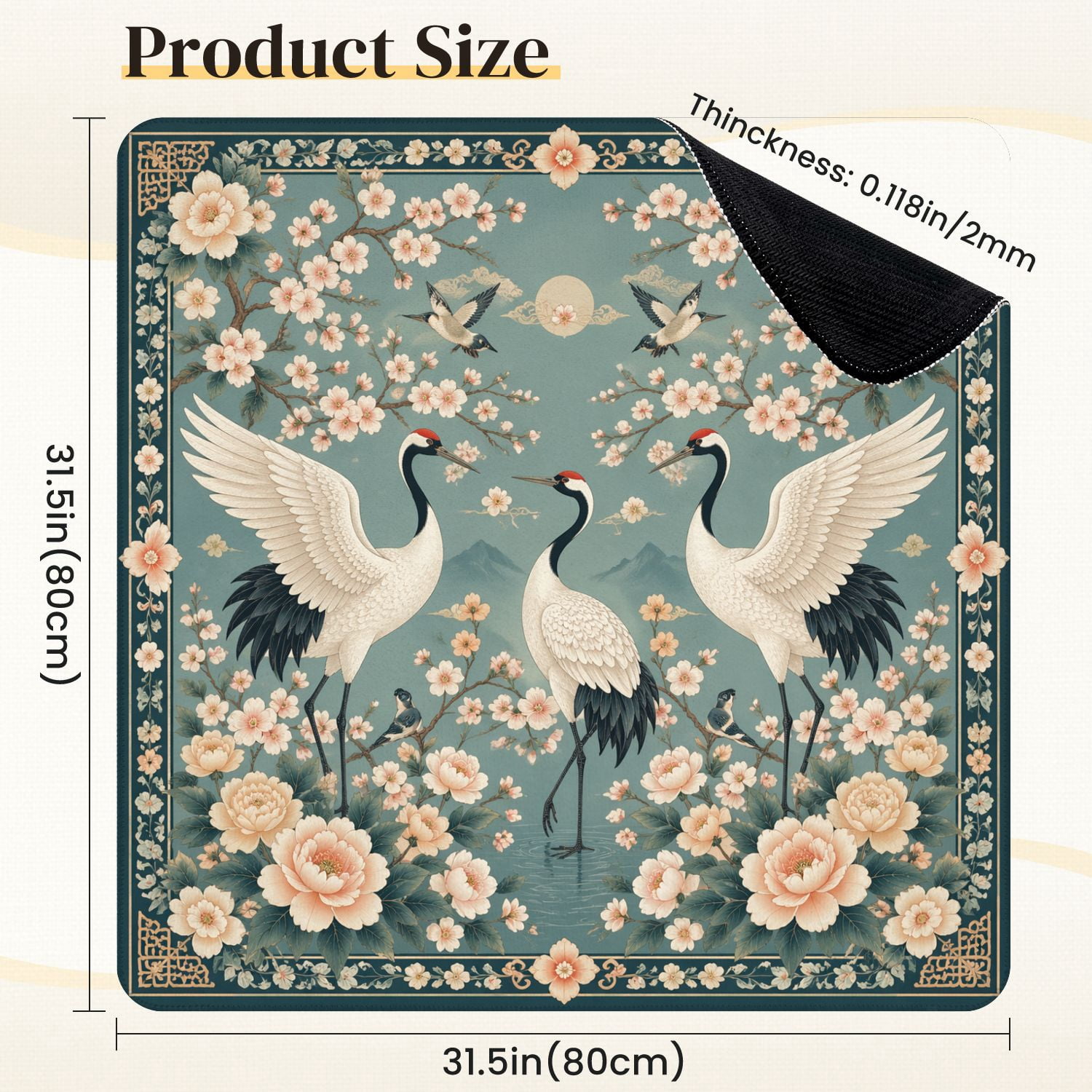 Mahjong Mat 31.5" x 31.5" Elegant Oriental Crane Cherry Blossoms Peonies Birds Soft Pastel Non-Slip Noise Reduction Mahjong Tiles Table Cover for Dominoes Poker Card Board and Tile Games