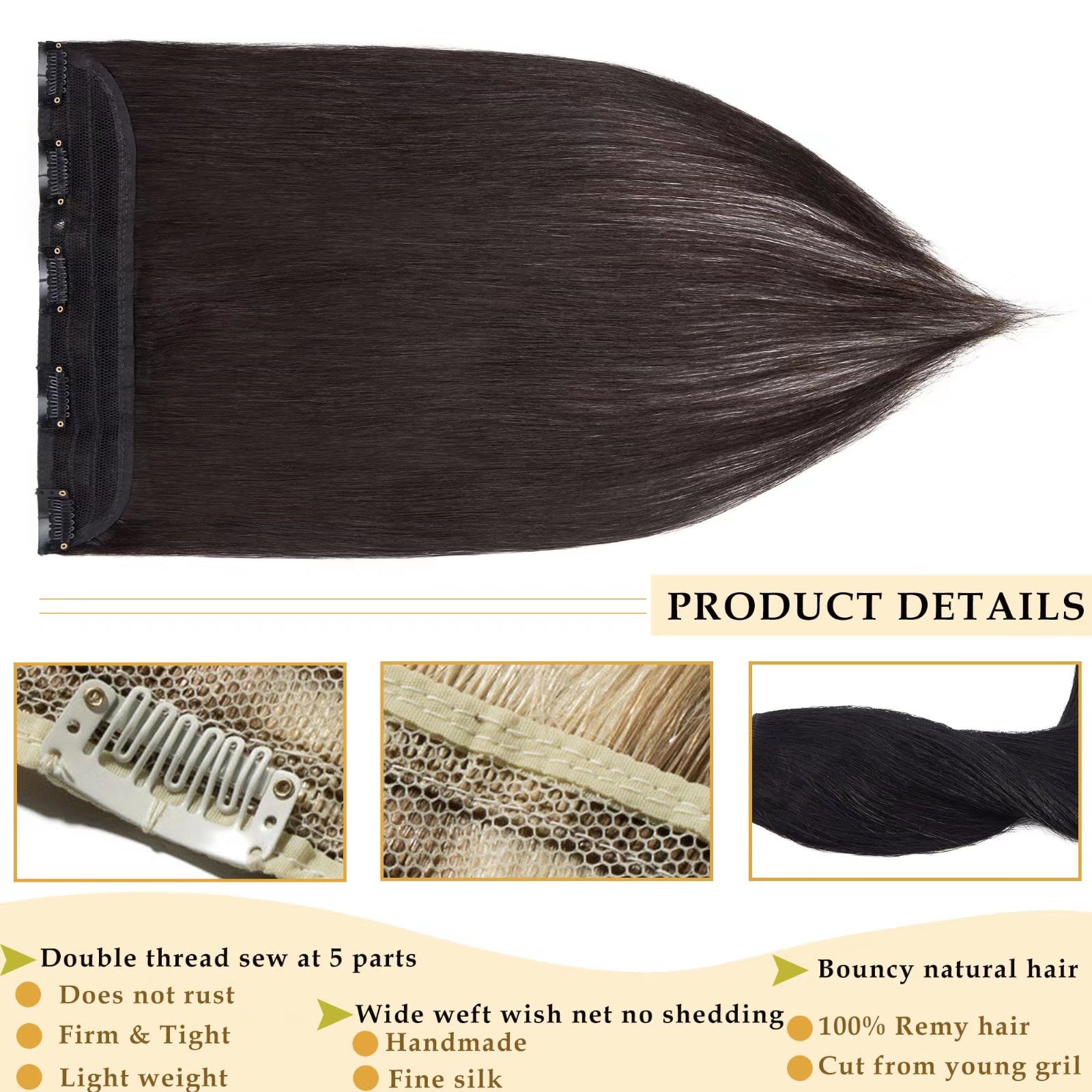 MY-LADY 10''-24'' 5 Clips in Human Hair Extensions Thick Real Natural Hair Pieces 100% Full Head Remy Hair 20inch #1B Natural Black（Thin）