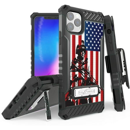 Tri-Shield [PATRIOTIC SERIES] Rugged Case Metal Kickstand Cover + Belt Clip Holster [USA PRIDE DESIGN] for Apple iPhone 11 Pro (2019, 5.8