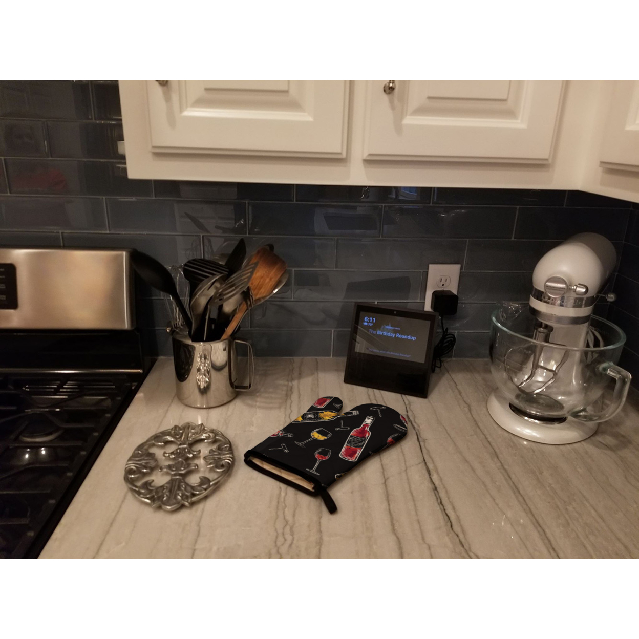 Red and White Wine on Black Oven Mitt