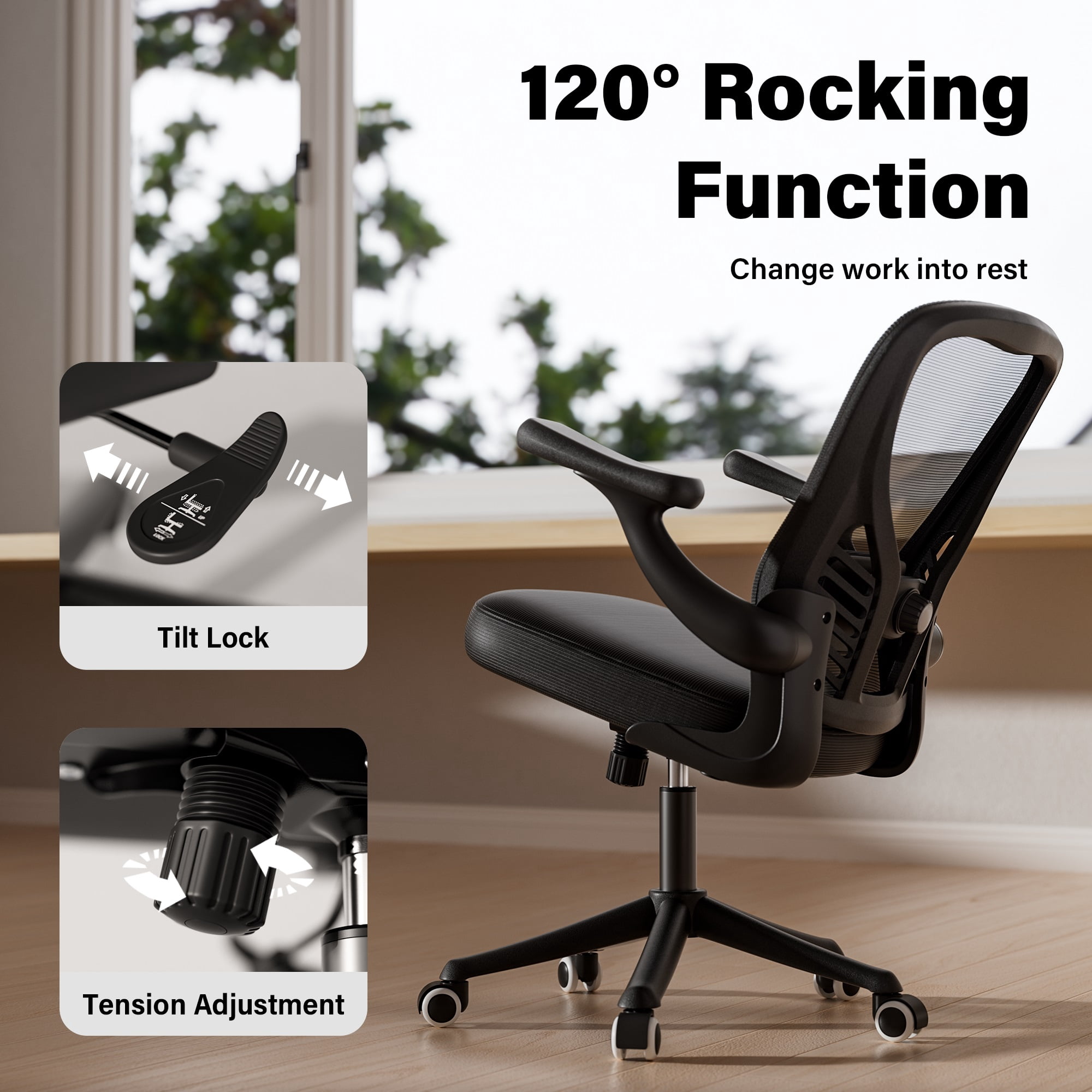 Ninecer Ergonomic Mesh Office Chair, Mesh Back Office Chair with Flip-up Arms, Swivel Computer Desk Chair with Lumbar Support for Adult, Black
