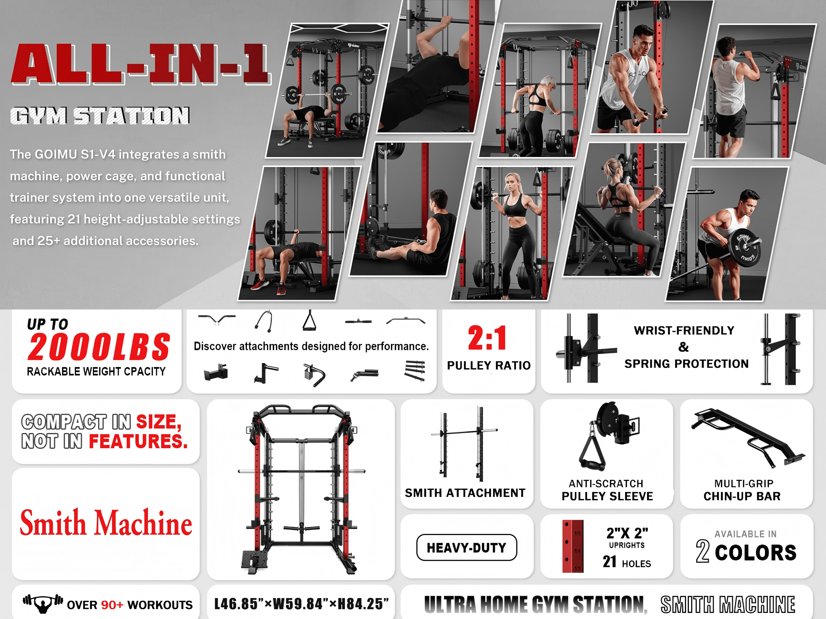 Allviate Smith Machine Power Cage, 2000LBS Capacity All-in-One Squat Rack with Cable Crossover System, Multi-Function Strength Training Equipment for Home Gym
