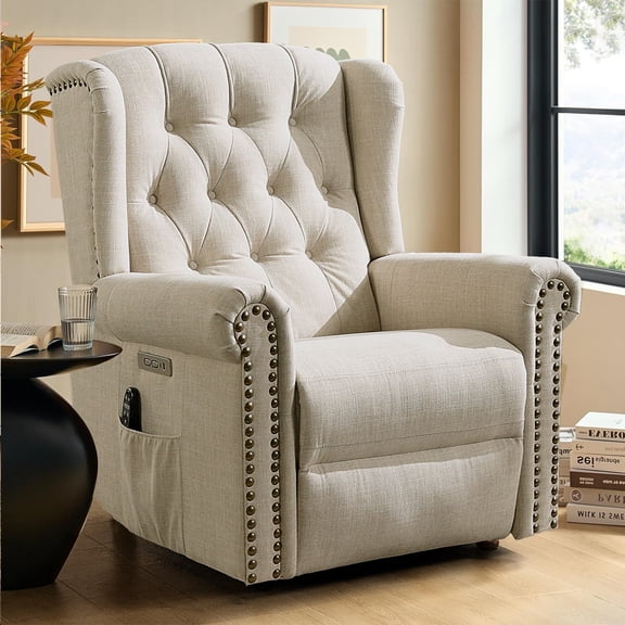 OUINCH Power Swivel Rocking Glider Recliner Chair, Electric Nursery Reclining Sofa Chair with Heat and Massage, Wingback Tufted Upholstered Recliner for Living Room, USB and Type-C Ports, Beige