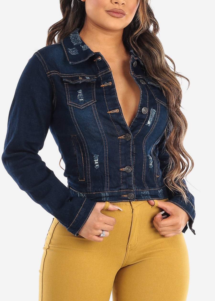 Moda Xpress Womens Long Sleeve Denim Jacket Button Up Dark Wash
