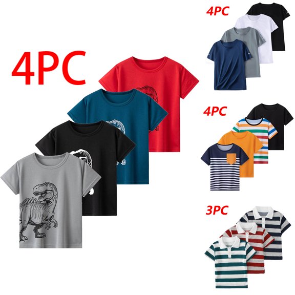 DJDLJWCJ 4 Pack Boys Athletic T-Shirt Crewneck Casual Printed Quick Dry Graphic Tee Lightweight Stretch Soft Summer Athletic Tee Shirts Black Size 5 Years