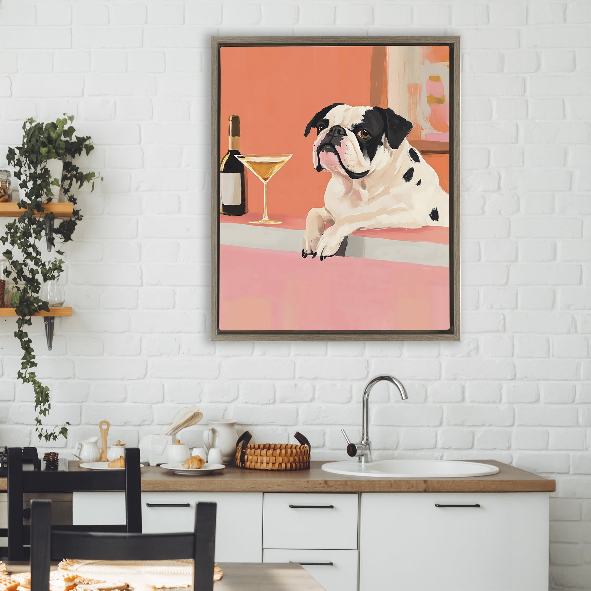 Stupell Industries Bulldog at Martini Lounge Brown Framed Floater Canvas Wall Art, design by The Prints Vibe