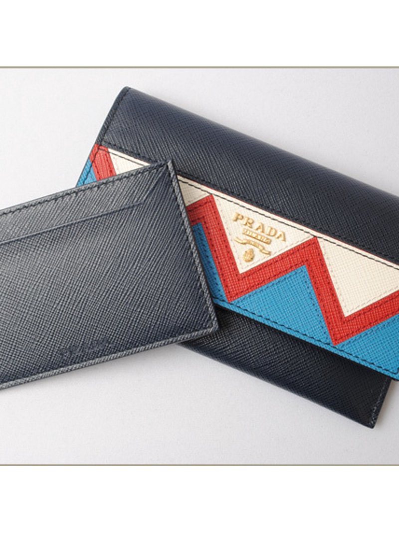 Authenticated Used Prada card case folded wallet PRADA 1MC004 SAFFIANO GRECHE embossed leather BALTICO ROSSO navy red