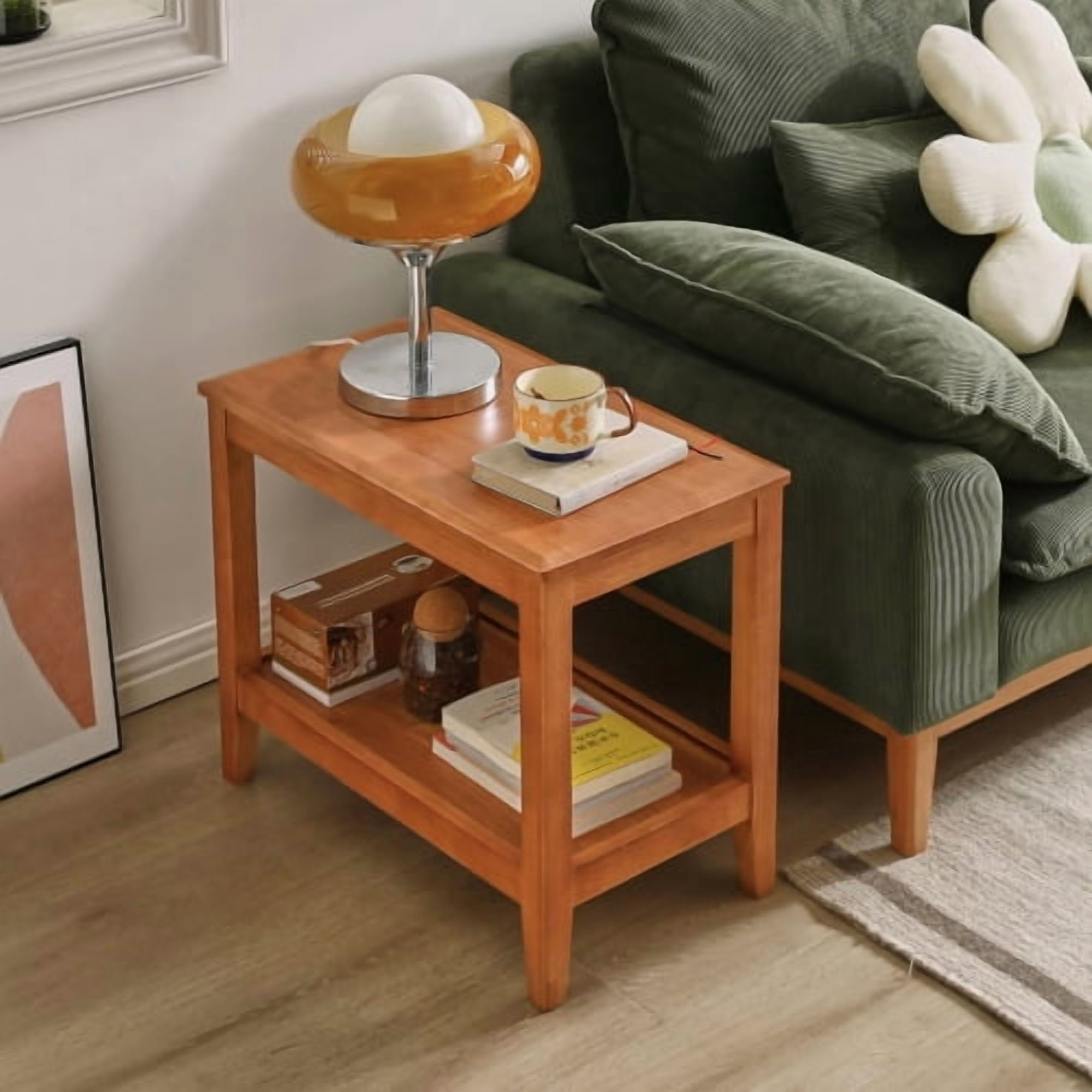 Solid Wood Rustic Side Table, 2-Tier End Table with Shelf, Rubberwood Sofa Table for Living Room, Cherry