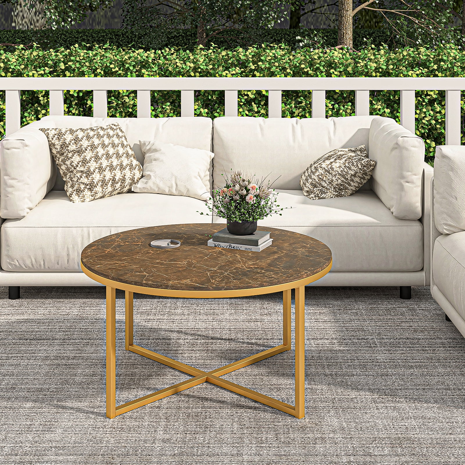Kadyn Cross Legs MDF Coffee Table, Modern Metal Tea Table with Metal Base, Round Sofa Center Table Cocktail Table for Living Room, Golden Kadyn Cross Legs MDF Coffee Table, Modern Metal Tea Table with Metal Base, Round Sofa Center Table Cocktail Table for Living Room, Golden