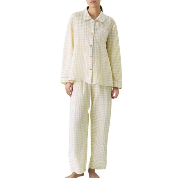 Wang6 Women's Cotton Pajamas Sets 2 Pieces Fall Long Sleeve Pjs Sets Soft Button V Neck Shirts Straight Pants Ladies Loose Fit Plaid Printed Sleepwear Loungewear Sets X_Yellow XL