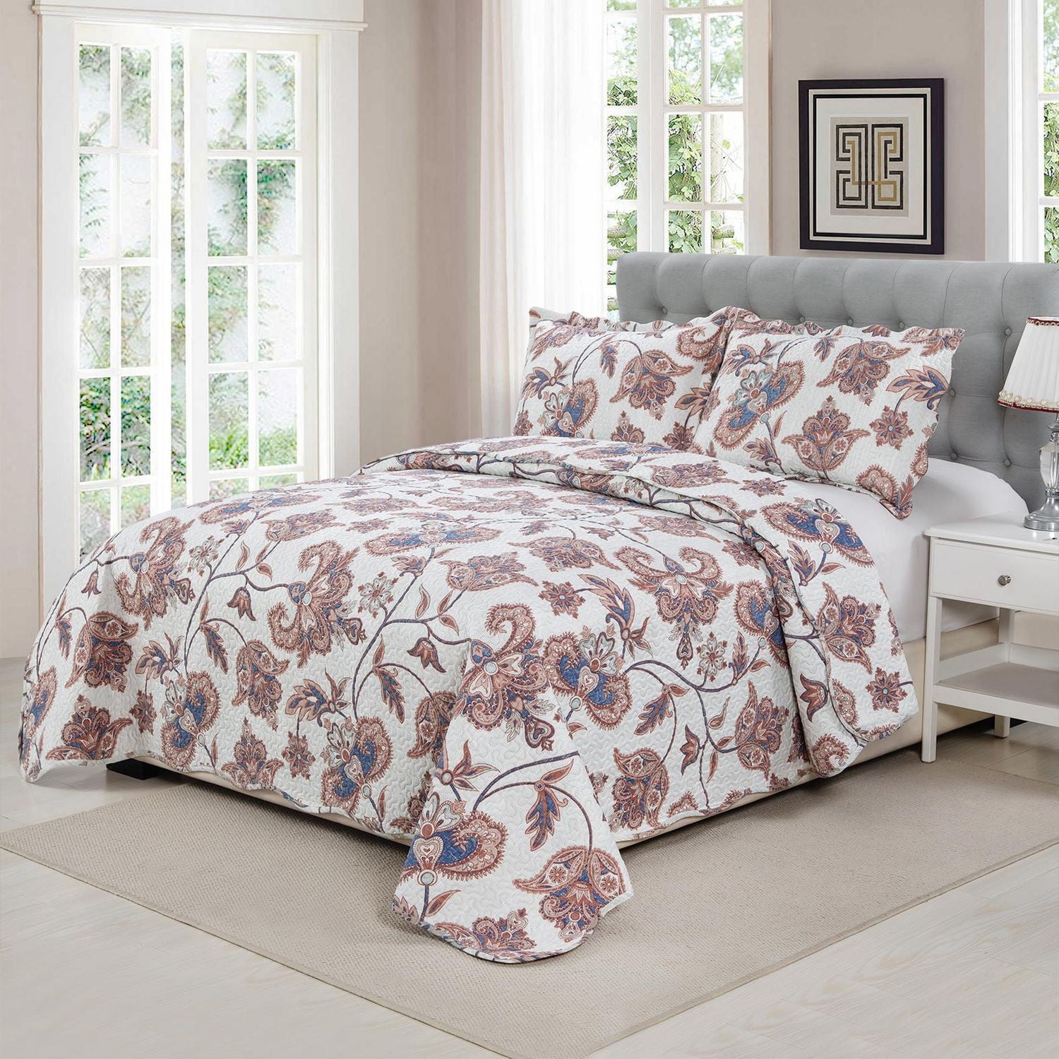 Marina Decoration Rich Printed Embossed Pinsonic Coverlet Bedspread Ultra Soft Bedding Summer Quilt Set with Shams, Taupe Paisley Floral Pattern